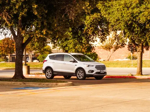 A white SUV parked under trees, its side and rear windows in view